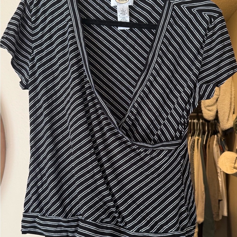Talbots Black and White Striped Blouse L